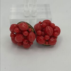 Signed Hong Kong Vintage Red Beaded Clip-On Earrings